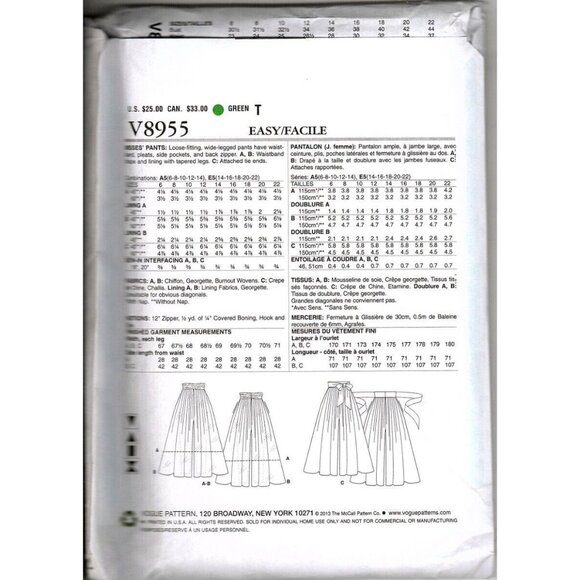 Vogue V8955 Misses 6 to 14 Wide Legged Pants Uncut Sewing Pattern Petite - Picture 2 of 2